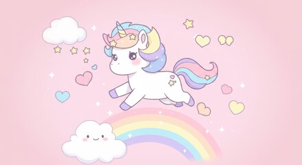 Charming pastel unicorn with rainbow illustration radiating joy and cheerfulness