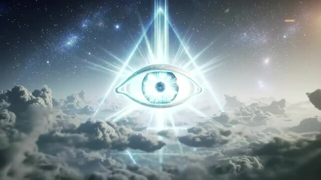 Illuminati symbol as radiant blue eye in star shape floating in heavenly sky