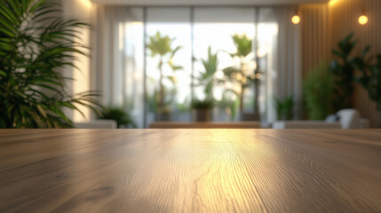 Empty wooden table with warm natural lighting against a blurred background of a modern white kitchen overlooking a balcony with plants