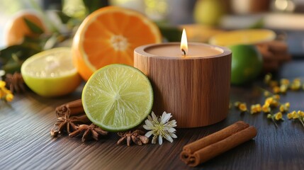 A nice-smelling air freshener sits on a wooden table. It uses natural scents like orange, lime, coffee, cinnamon, vanilla, and flowers to make your home smell fancy.
