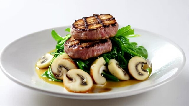 Two Stacked Grilled Steaks with Spinach and Sliced Mushrooms on White Plate Gourmet Meat Food Close Up Still Shot