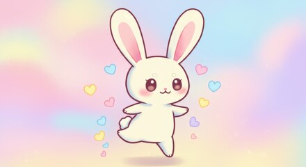 Delightful kawaii bunny skipping joyfully amidst a dreamy pastel colored heart filled backdrop