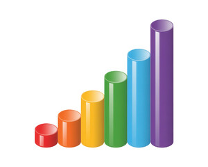 Isometric illustration of a colorful bar graph with ascending cylinders on a black background