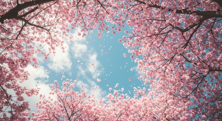 Lush pink cherry blossom branches frame a clear blue sky with soft white clouds, creating a natural floral border and a serene springtime atmosphere.