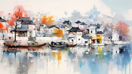 Fototapeta premium color scenery of water town illustration background poster decorative painting