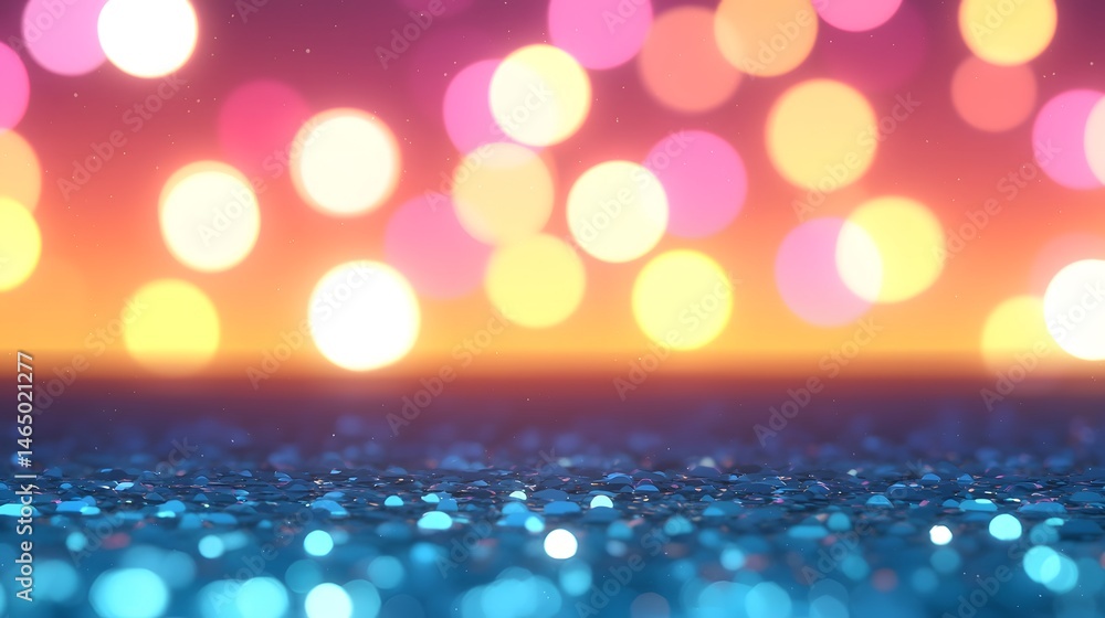Poster abstract blue gradient background with colorful bokeh lights and glitter