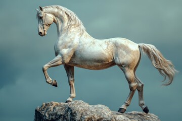 Fototapeta premium Majestic white horse poised atop a rocky outcrop.