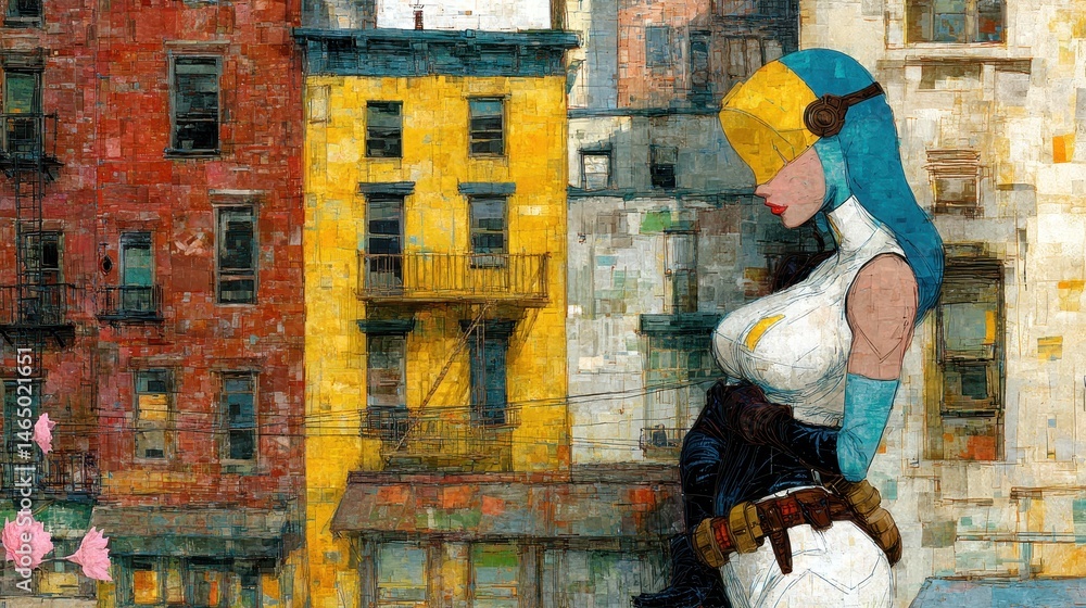 Poster emotional connection and healing through retro action art with an emo character in a cityscape setti