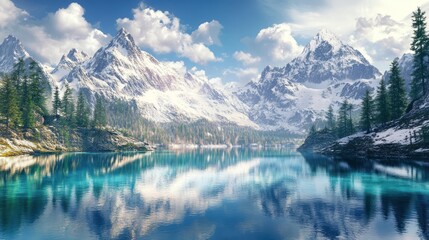 Fototapeta premium Alpine lake reflects snowy peaks, sunny day