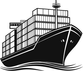 Black Silhouette Vector Illustration of a Container Cargo Ship ? Maritime Transport Icon for Global Shipping and Logistics