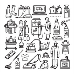 Obraz premium cleaning field elements vector clip art collection, simple editable line style