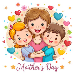 Happy Mother&rsquo;s Day Hug Cute Cartoon Mom with Children Illustration