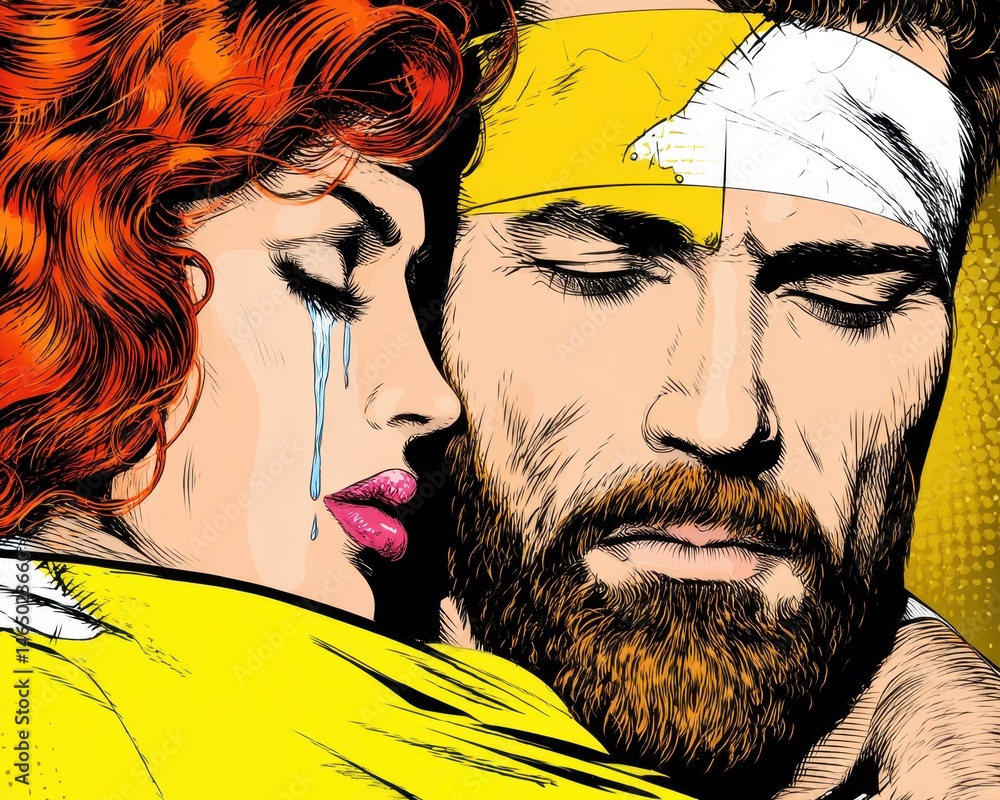 Poster emotional connection between two characters in retro style illustrating healing and support in a dra