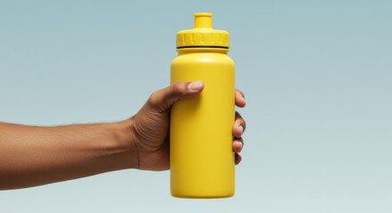 Hand holding bright yellow reusable water bottle