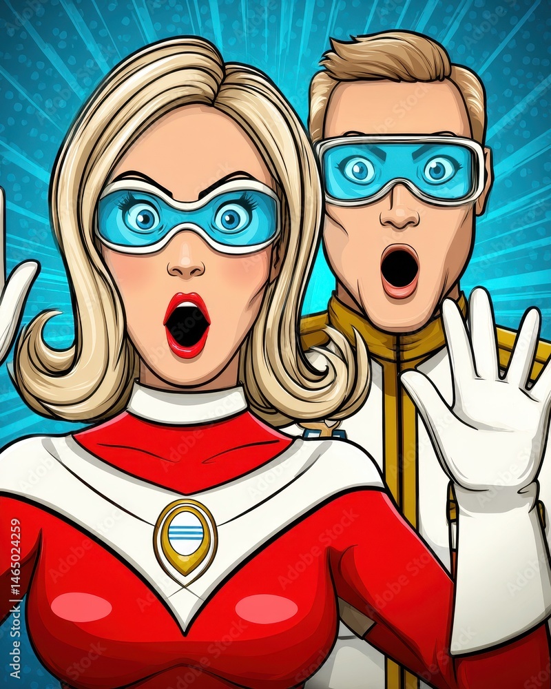 Poster dynamic emotional connection in retro action art featuring expressive characters experiencing moment