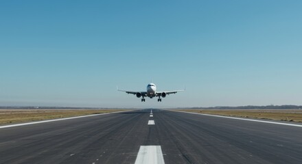 Airplane Landing Approach Airport Runway - Airplane landing, runway approach, clear sky, safe arrival, travel concept. Symbolizing: journey, destination, arrival, freedom, transportation