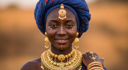 Obraz premium African Woman Portrait: Gold Jewelry and Headwrap - A portrait of a black woman, adorned in beautiful gold jewelry and a vibrant blue headwrap. The symbolizes beauty, culture, heritage, strength