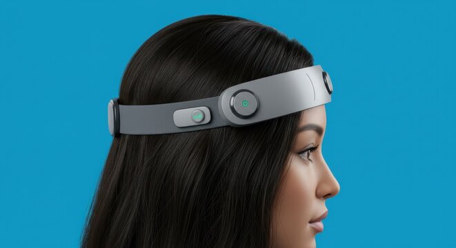 Woman wearing a headband with sensors against a blue background in a studio. - Powered by Adobe