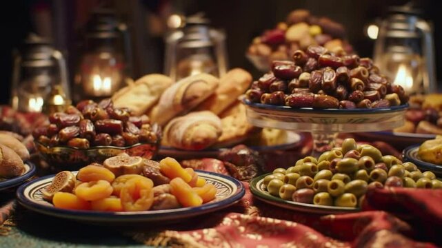 an iftar meal scene during Ramadan, displaying a wide assortment of dates, dried fruits, breads, olives, and traditional foods served on decorative plates, surrounded by festive fabrics and warm lante
