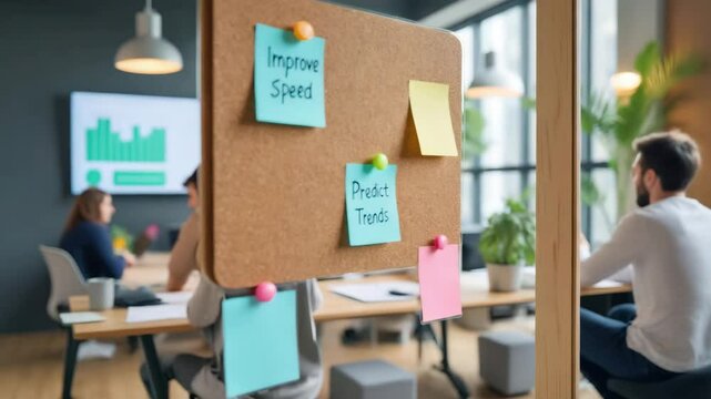 A corkboard with colorful sticky notes displaying motivational phrases, set in a modern office environment with people working in the background.