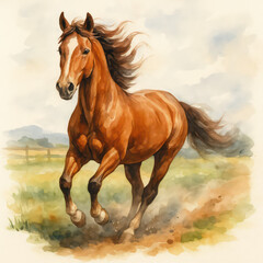 Obraz premium A majestic equine bursts into motion, exuding power and grace in an artistic watercolor depiction. The horse's flowing mane and dynamic pose capture the essence of freedom and untamed spirit. 