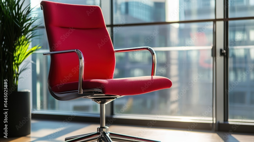Poster a bright red office chair with a cushioned back and modern frame, ideal for adding a pop of color to