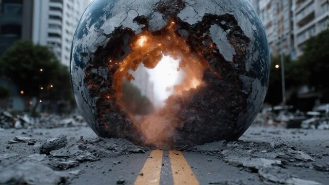 post apocalyptic scene with a sphere breaking apart, exploding on the city street. 