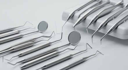 Dental Instruments Set for Professional - Close-up shot of a neatly arranged set of dental tools, including mirrors and probes, on a white background
