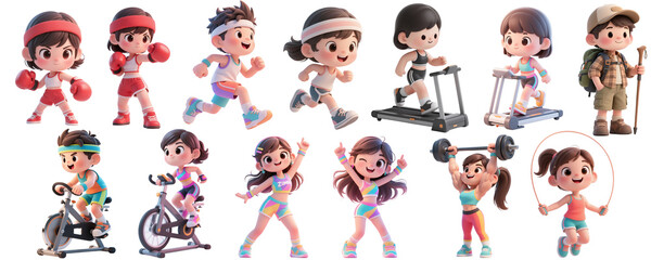 A delightful collection of 3D chibi characters doing sports like running, cycling, boxing, hiking and dancing. Their big heads and small bodies add a fun and energetic vibe to every movement.