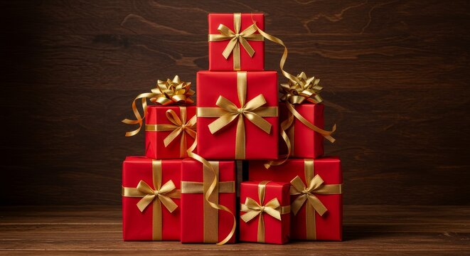 Festive Red Gift Boxes with Gold Bows - A stack of red gift boxes adorned with elegant gold bows and ribbons, symbolizing celebration, generosity, holiday cheer, luxury, and festive joy
