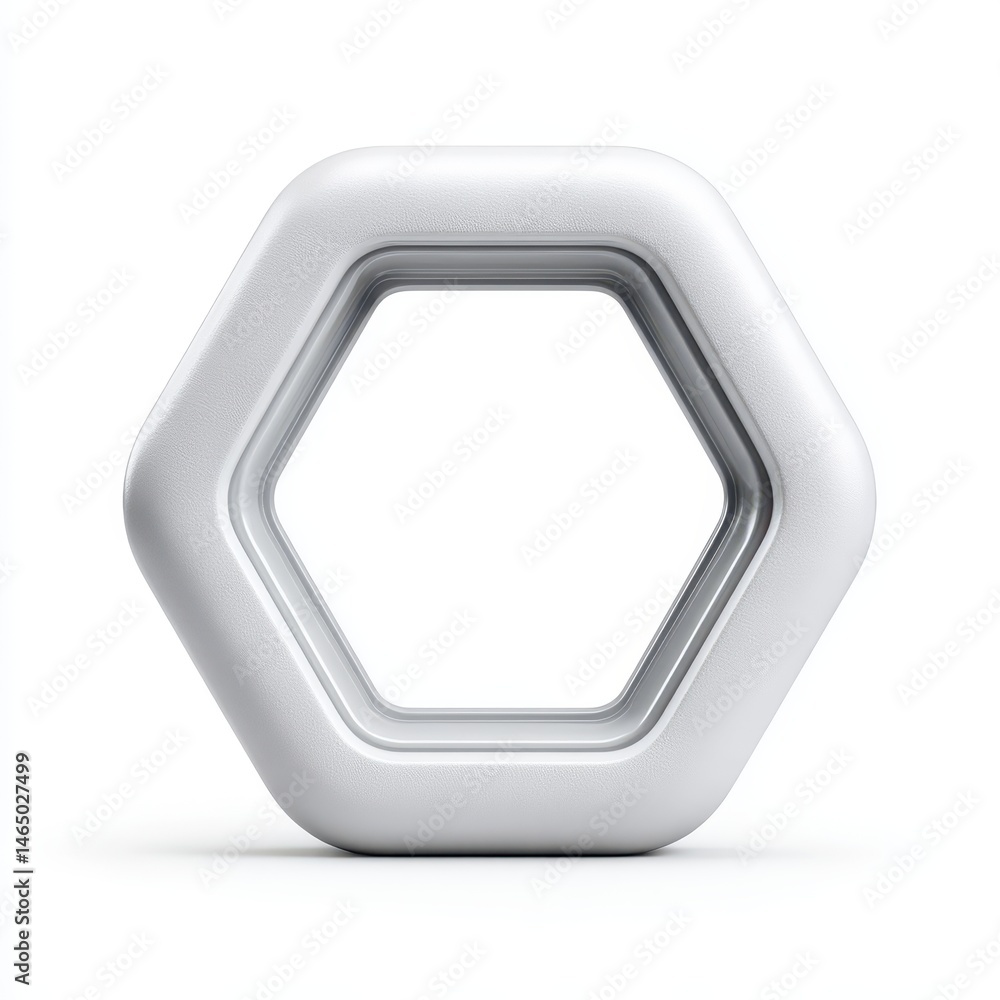 Poster abstract hexagon shape with a textured surface and a central opening, rendered in shades of white ag