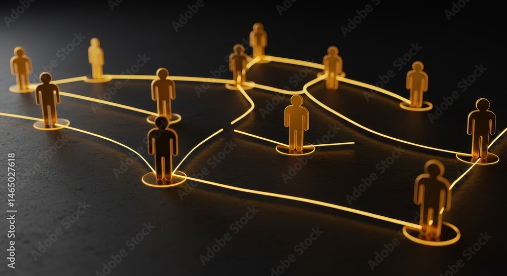 Poster global network connections - golden figures interconnected by glowing lines, symbolizing global netw