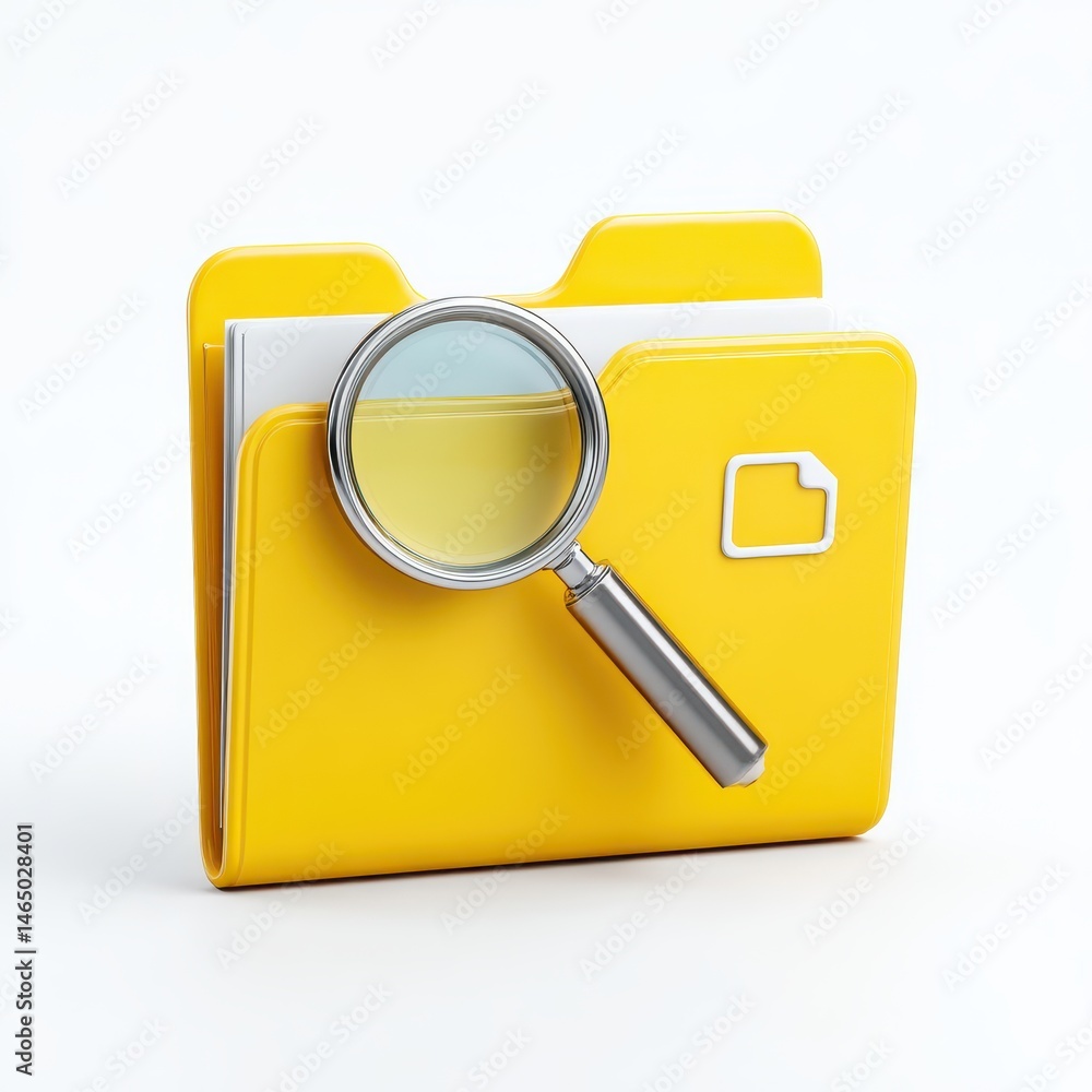 Aufkleber yellow folder icon with magnifying glass on white background. 3d rendering of data search concept.