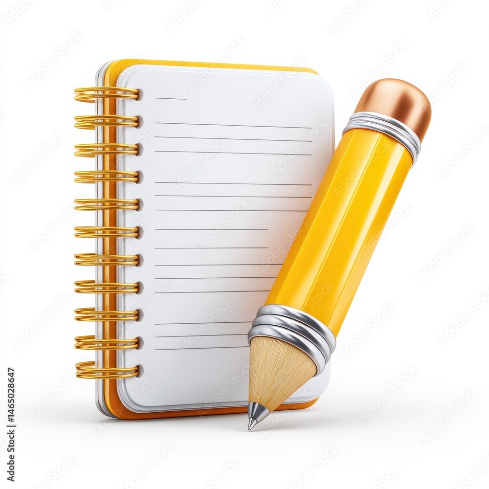 Poster yellow pencil and notepad on white background. ready for notes and ideas. clean and simple 3d render