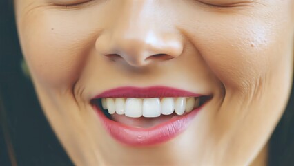 Fototapeta premium Cheerful woman with dazzling white smile, glossy pink lips revealing confidence and vibrant dental health in close up portrait
