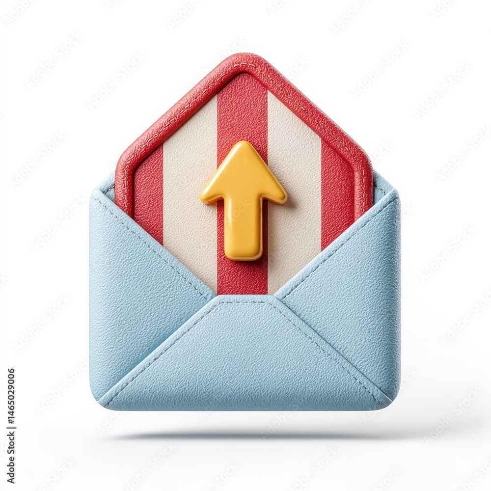 Poster 3d render of a light blue envelope with red and white striped insert and a yellow upward arrow. isol