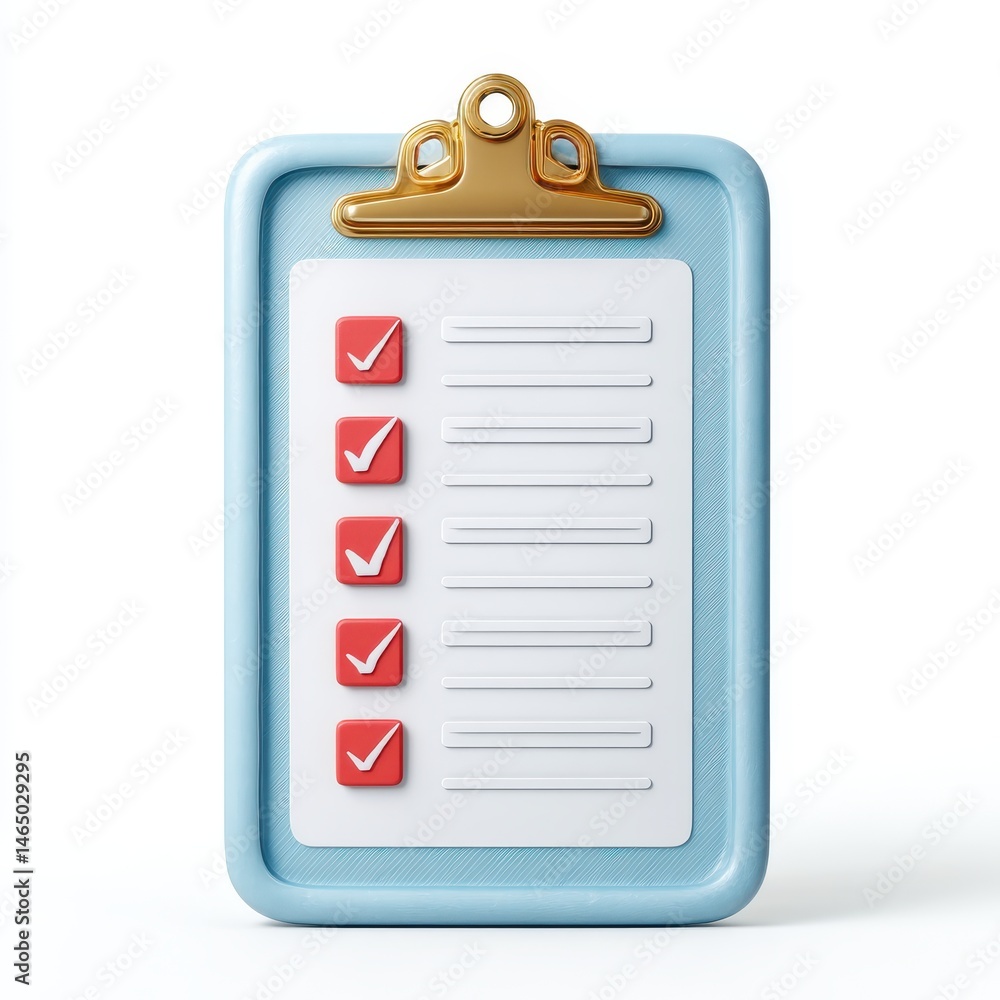 Aufkleber light blue clipboard with checklist and gold clasp, 3d rendering on white background. completed task