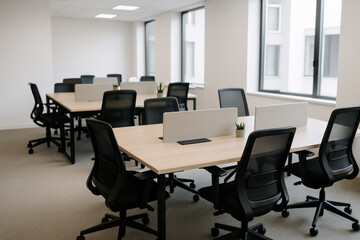 Contemporary coworking desks with light partitions and natural light – clean open office design