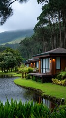 Obraz premium Scenic Retreat Cabins on Lakeside with Lush Greenery and Mountain View Serene Lodges Along Pond with Forest Backdrop Calm Nature Escape