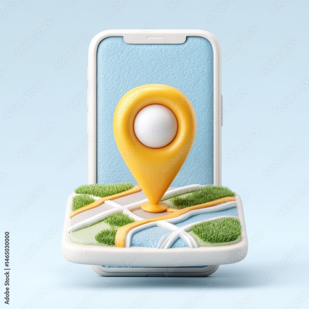 Poster yellow location pin on a miniature map displayed on a smartphone against a light blue background. 3d