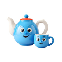 Playful blue teapot and mug set with cartoon-like faces, perfect for a whimsical tea party for kids.