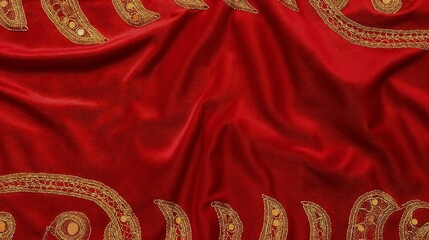 Elegant red fabric with golden embroidery in a flowing drape  