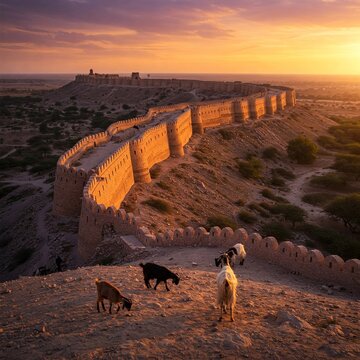 Panoramic view of Ranikot Fort in Sindh during evening light with goats grazing around its ancient walls