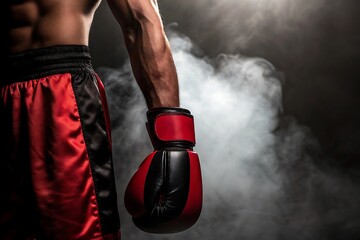 Boxer in red and black gear with boxing gloves standing amidst smoke