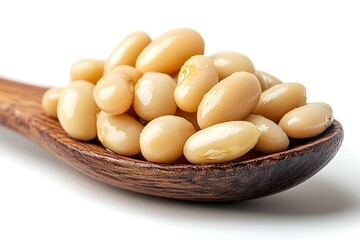 Close up shot of creamy white beans on a wooden spoon against a white background