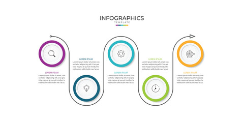 Business infographic thin line process with circle template design with icons and 5 options or steps.
