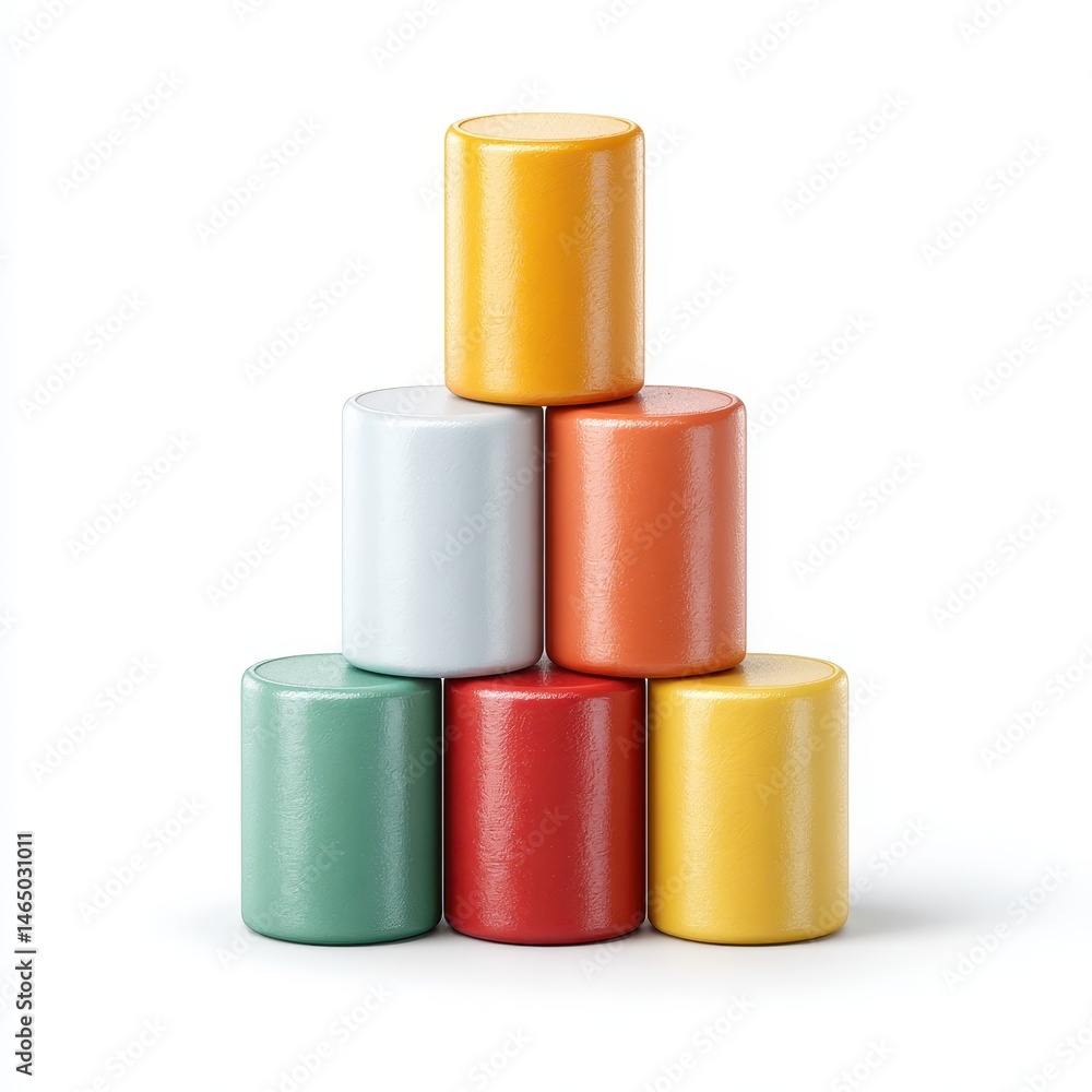 Poster stack of colorful cylindrical blocks on white background. image shows five textured cylinders in var