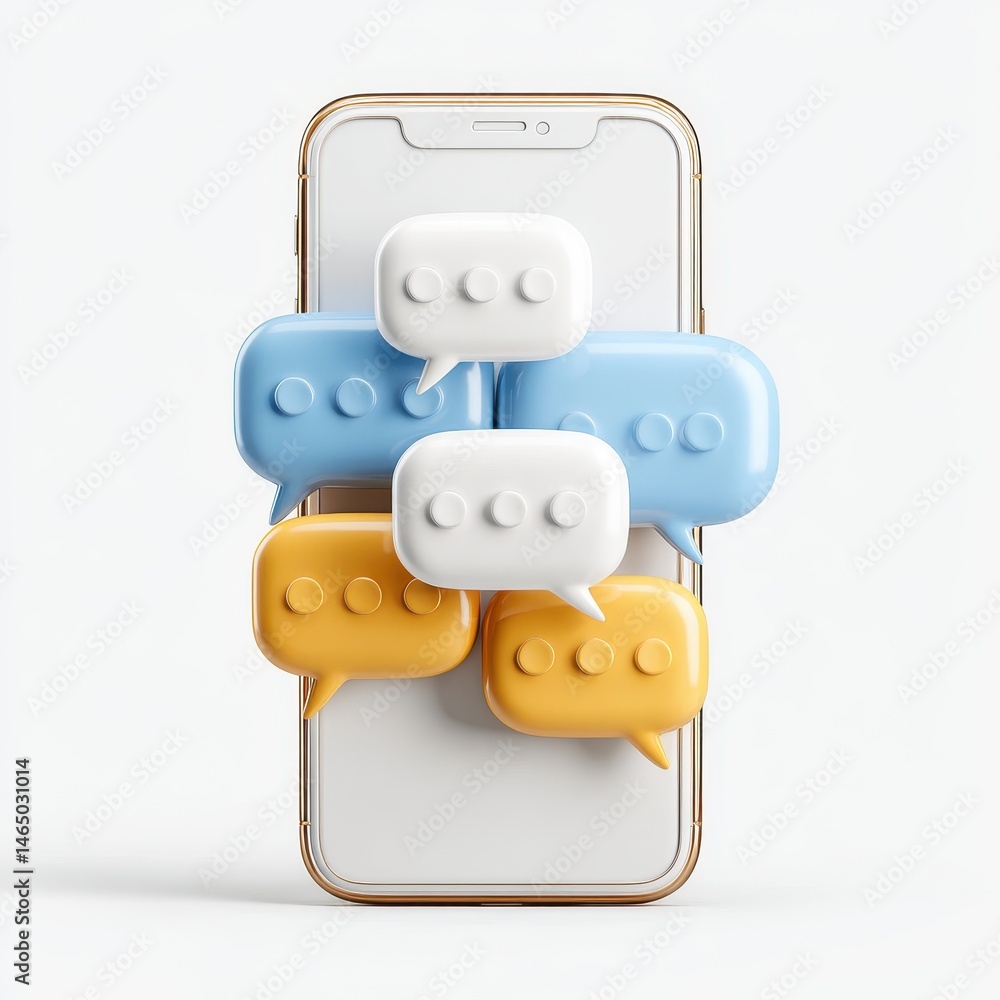 Poster 3d rendering of smartphone with colorful speech bubbles, representing communication and messaging. w