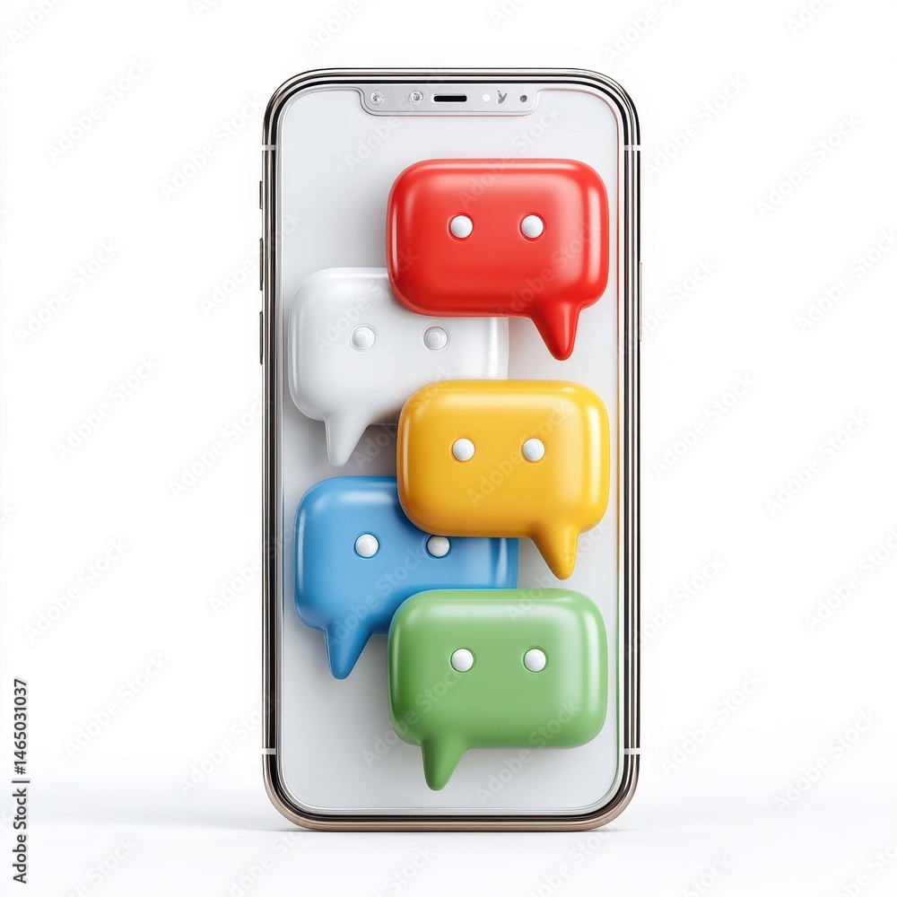 Poster colorful speech bubbles float above a smartphone on a white background, symbolizing communication an