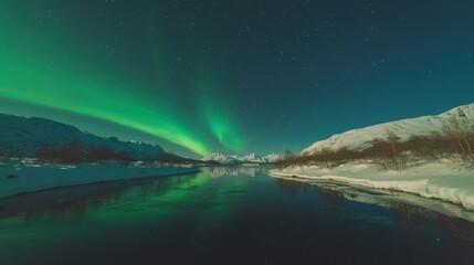 Aurora borealis reflected in a snowy river, mountains at night